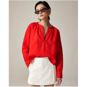 J Crew Cabana Shirt Womens Large Red 100% Linen Peasant Popover Long Sleeve